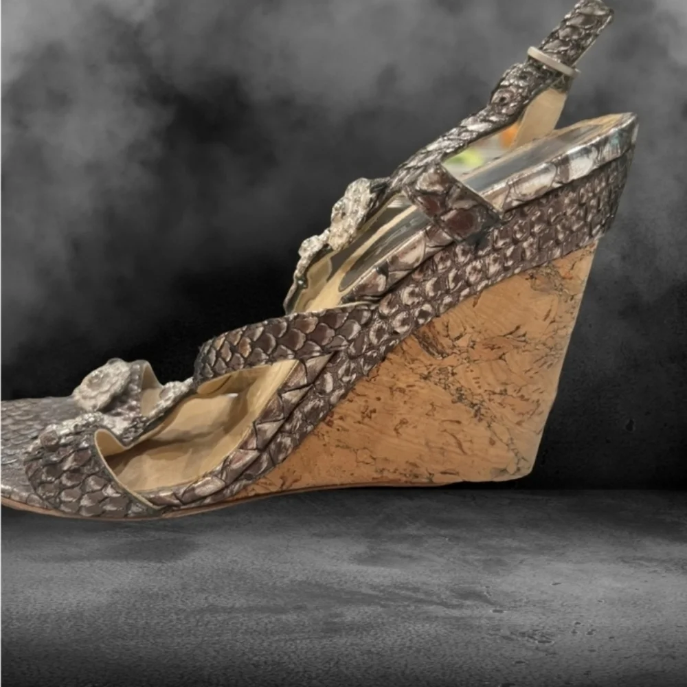 Chanel Camelia Python Leather Wedge Sandals Size 39